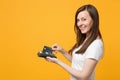 Smiling young woman holding wireless modern bank payment terminal to process and acquire credit card payments isolated Royalty Free Stock Photo