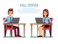 Smiling young woman and man operator with headset talking with customer. Cartoon characters for call center concept Royalty Free Stock Photo