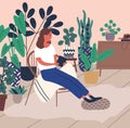 Smiling young woman relaxing reading book surrounded by houseplant vector flat illustration. Joyful cartoon female