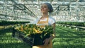 Smiling young woman is standing in the warmhouse with a box of tulips