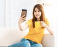 Smiling young Woman video call on the phone at home Royalty Free Stock Photo