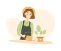 Smiling young woman is watering house plant. Cute vector character in flat cartoon style Royalty Free Stock Photo