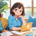 Smiling young woman working on computer laptop notebook, cute simple anime style illustration Royalty Free Stock Photo