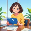 Smiling young woman working on computer laptop notebook, cute simple anime style illustration Royalty Free Stock Photo