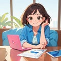 Smiling young woman working on computer laptop notebook, cute simple anime style illustration