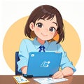 Smiling young woman working on computer laptop notebook, cute simple anime style illustration Royalty Free Stock Photo