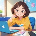 Smiling young woman working on computer laptop notebook, cute simple anime style illustration Royalty Free Stock Photo