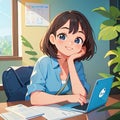 Smiling young woman working on computer laptop notebook, cute simple anime style illustration Royalty Free Stock Photo