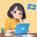 Smiling young woman working on computer laptop notebook, cute simple anime style illustration Royalty Free Stock Photo