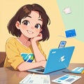 Smiling young woman working on computer laptop notebook, cute simple anime style illustration Royalty Free Stock Photo