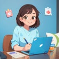 Smiling young woman working on computer laptop notebook, cute simple anime style illustration Royalty Free Stock Photo