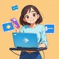 Smiling young woman working on computer laptop notebook, cute simple anime style illustration Royalty Free Stock Photo