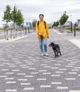 Smiling young woman in yellow hoodie walking with gray shaggy dog on leash along the alley Royalty Free Stock Photo