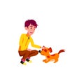 smiling youth boy stroking dog pet at home cartoon vector