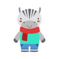 Smiling Zebra In Red Scarf And Blue Outfit Cute Toy Baby Animal Dressed As Little Boy