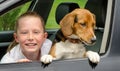 Smilling girl and beagle puppy in car Royalty Free Stock Photo