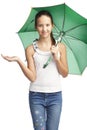 Smilling girl with green umbrella Royalty Free Stock Photo