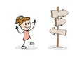 Smilling girl stand in front of a choice. Each arrow has its own direction and points to the right path. Woman standing