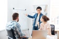 Smilling man making presentation to his colleagues and using flipchart Royalty Free Stock Photo