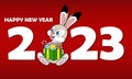 Smilling rabbit sitting among the numbers 2023 and holding a full box of holiday toys and sweets. Rabbit as symbol of 2023 Year