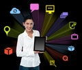 Smilng woman with tablet and colourful icons