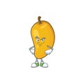 Smirking cartoon of mango character on a white background.