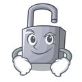 Smirking cartoon unlocked padlock on the table