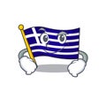 Smirking greece character flag hoisted on mascot pole