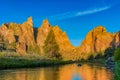 Smith rocks State Park and the crooked River in Oregon at sunrise Royalty Free Stock Photo