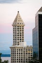 The Smith Tower in downtown Seattle glows in the dawn light Royalty Free Stock Photo