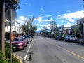 A view looking down a street downtown with shops and restaurants in Smithers, British Columbia, Canada