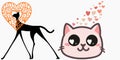 Smitten kitten looking at sexy long legged slender cat vector graphics