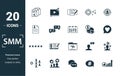 Smm icon set. Include creative elements content, copywriting, user information, budget planning, tops and ratings icons. Can be