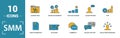 Smm icon set. Include creative elements content, copywriting, user information, budget planning, tops and ratings icons. Can be