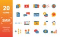 Smm icon set. Include creative elements content, copywriting, user information, budget planning, tops and ratings icons. Can be