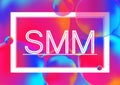 SMM letters marketing concept vector illustration on Neon color balls background with white frame. Abstract colorful 3D. Royalty Free Stock Photo