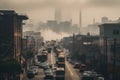 smoggy cityscape with towering smokestacks and heavy traffic