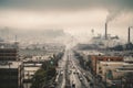 smoggy cityscape with towering smokestacks and heavy traffic