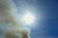 Smoke against sun. Smog and Sunny sky. Emissions of pollution into atmosphere. Smoke from fire. Hazardous industry. Toxic waste in