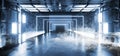 Smoke Alien Spaceship Futuristic Sci Fi Modern Neon Glowing White Blue Vibrant Grunge Concrete Box Shaped Tunnel Empty Corridor
