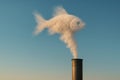 Smoke from a chimney in the shape of a fish against the sky. Space for text. Royalty Free Stock Photo
