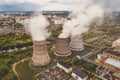 Smoke from chimneys of thermal power plant or station, aerial view from drone Royalty Free Stock Photo