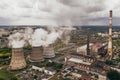 Smoke from chimneys of thermal power plant or station, aerial view from drone Royalty Free Stock Photo