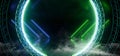 Smoke Circle Construction Gate Sci Fi Futuristic Neon Glowing Green Blue Laser Lines Reflective Concrete Grunge Dark Night Show