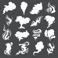 Smoke clouds. Steam puff cigarette or food smell vector abstract illustrations of fume in cartoon style