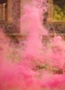 Smoke from the color bomb in the garden of old Potosky buikding in Vinnytsia, close-up