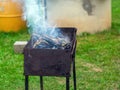 Smoke comes from the barbecue in the village Royalty Free Stock Photo