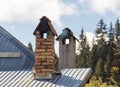 Smoke coming out in the cold from the chimney on the roof of the house. Royalty Free Stock Photo