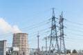 Smoke cooling tower pollution of the surrounding air environment of the atmosphere from the industrial plant and power lines high Royalty Free Stock Photo