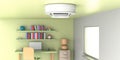 Smoke detector on kids room ceiling. Fire safety equipment. 3d illustration